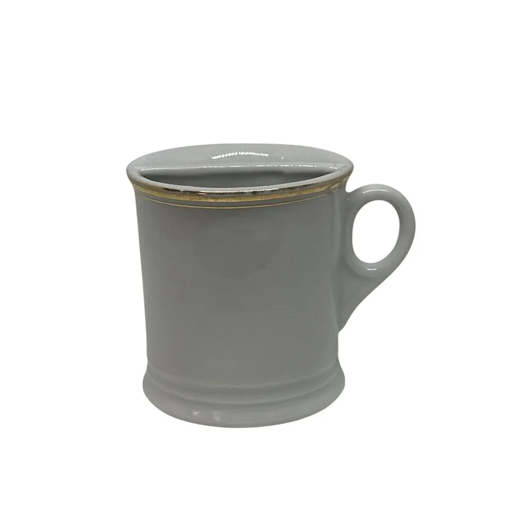 VTG Ceramic Shaving Mug w/ Mustache Guard | White & Gold Trim Gentry‎ Barber Cup